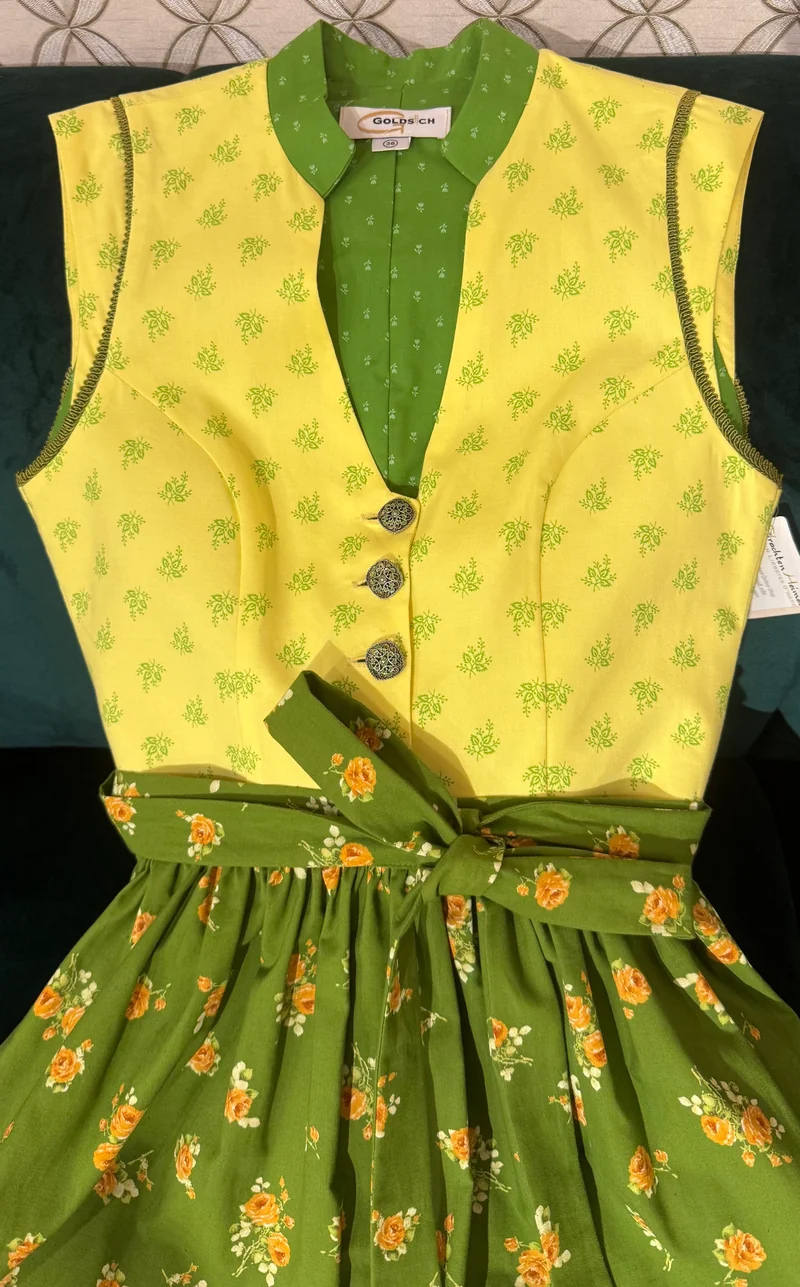 Vintage Baumwolldirndl Goldstich gelb/grün 65cm