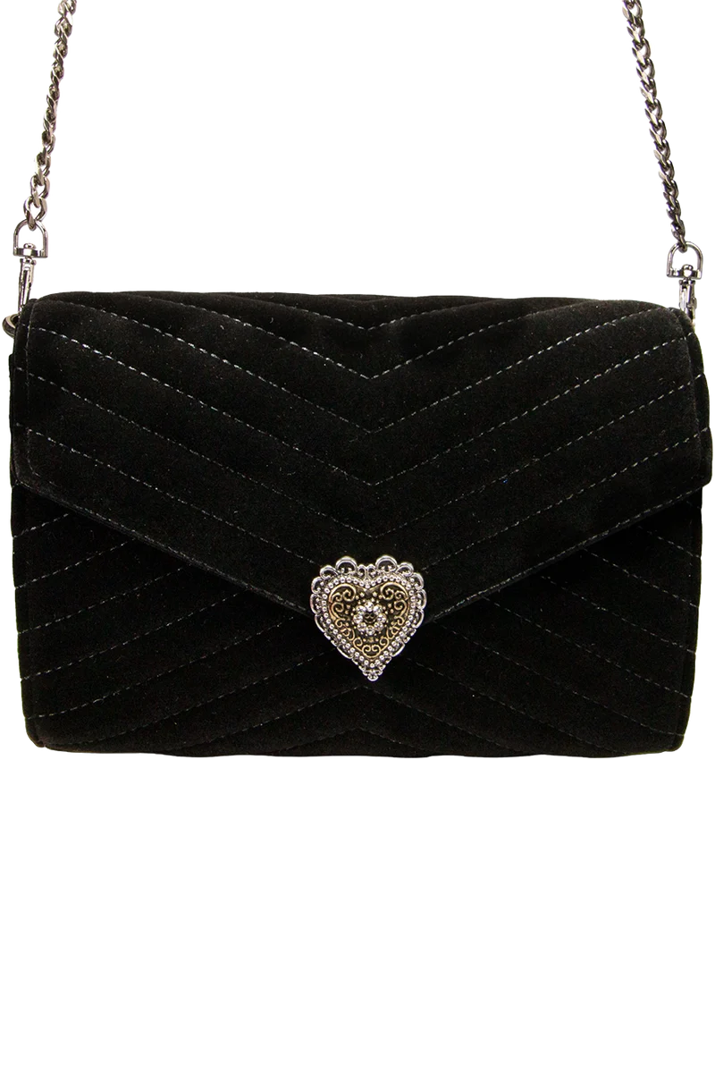 Damen Samtclutch Umhängetasche mit Herz - schwarz
