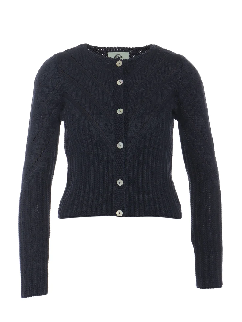 Hochgeschlossene Strickjacke mit Ajourmuster