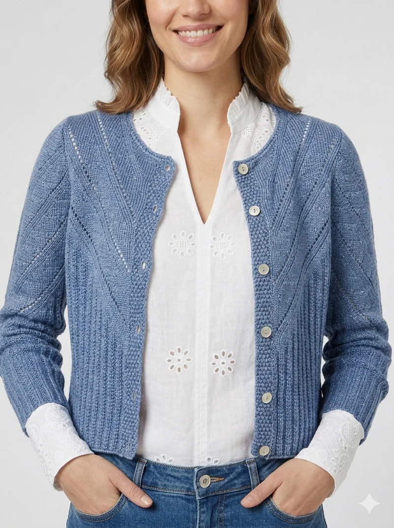 Hochgeschlossene Strickjacke mit Ajourmuster