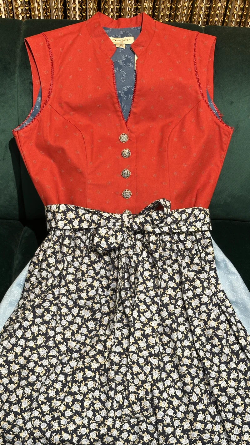 Vintage Baumwolldirndl Goldstich rost/hellblau/blau Schürze geblümt 65cm