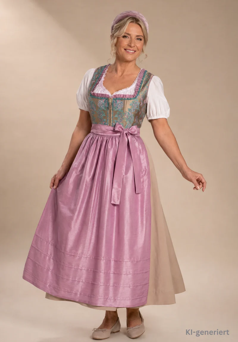 Dirndl Rose, Brautdirndl, rosa, beige gold Maxi 95 cm, Gr. 38