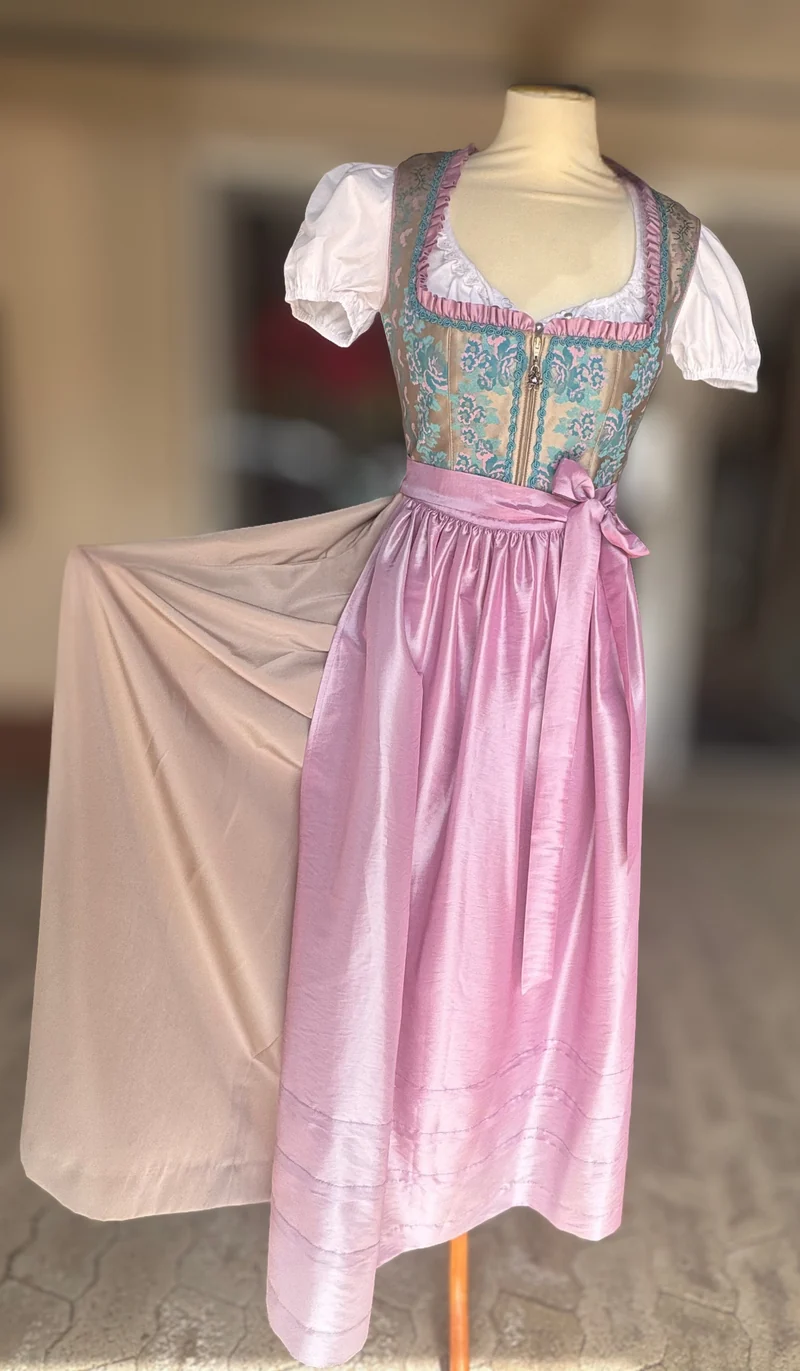 Dirndl Rose, Brautdirndl, rosa, beige gold Maxi 95 cm, Gr. 38