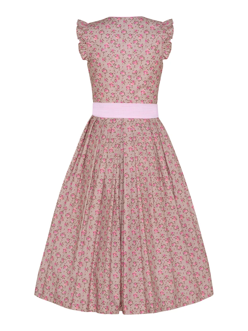 Rosendruck-Dirndl mit Streifenschürze & Flügelarm