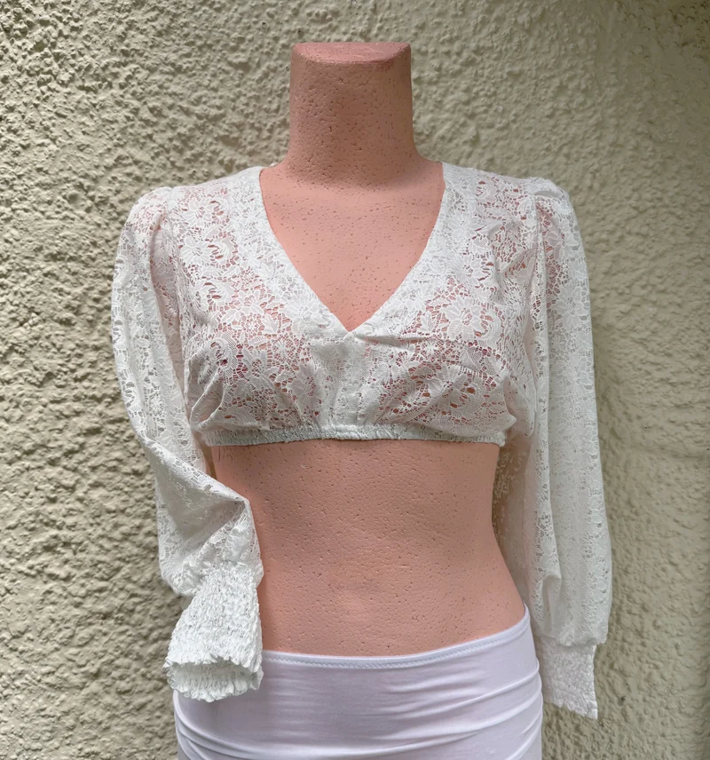 Dirndlbluse Krüger Collections, Eda, V-Ausschnitt, Spitze, ecru