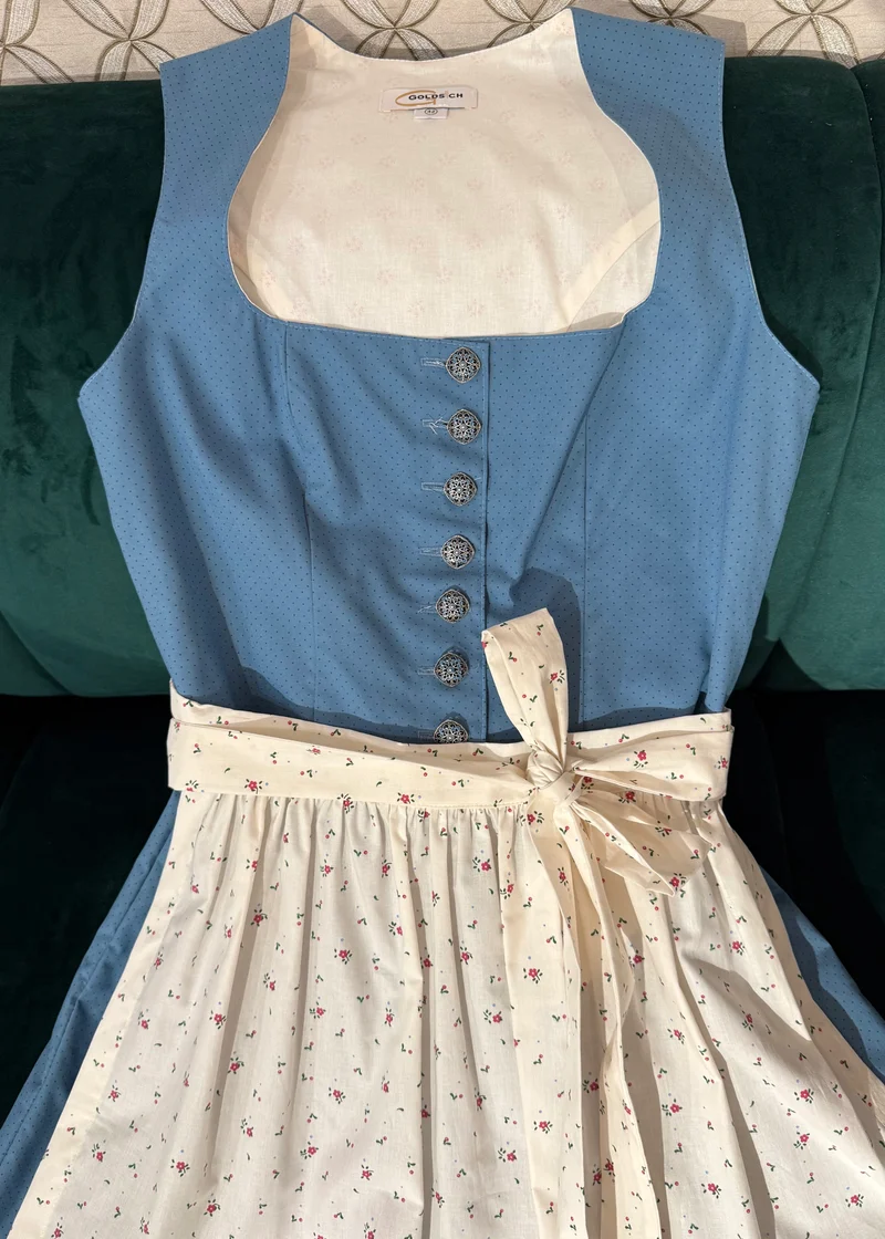 Baumwolldirndl Goldstich blau/creme 65cm
