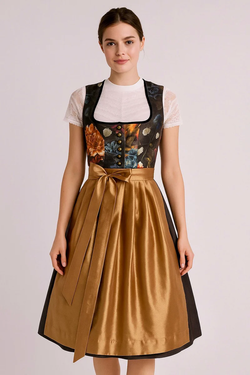 Dirndl Goldstich Samt Blumen schwarz/grau/gold 65cm