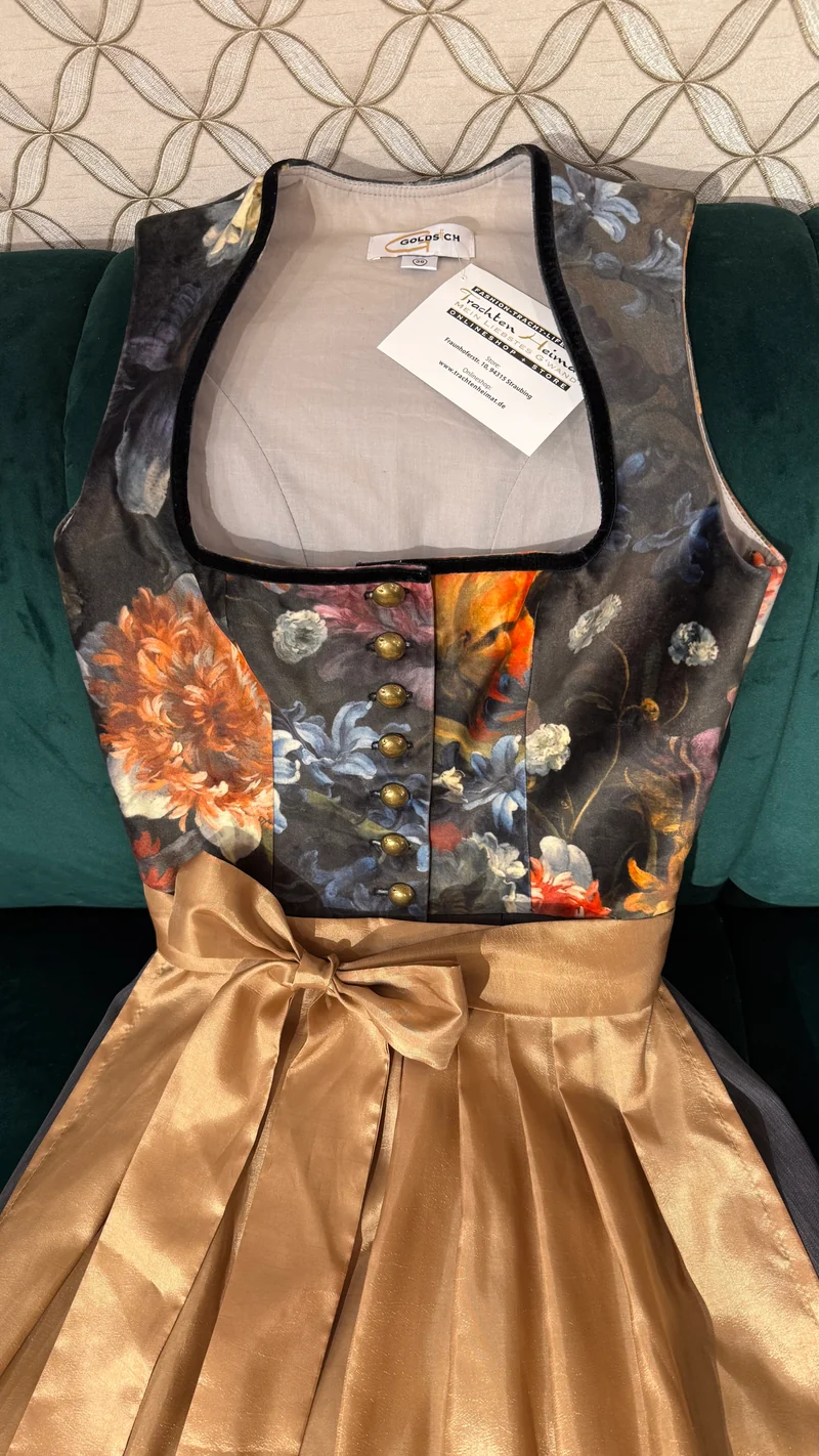Dirndl Goldstich Samt Blumen schwarz/grau/gold 65cm