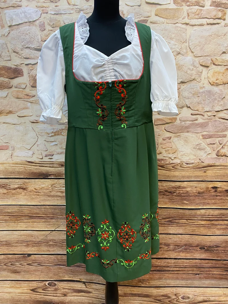 Vintage Dirndl Grün Bestickt mit roter Schürze – Gr. 48