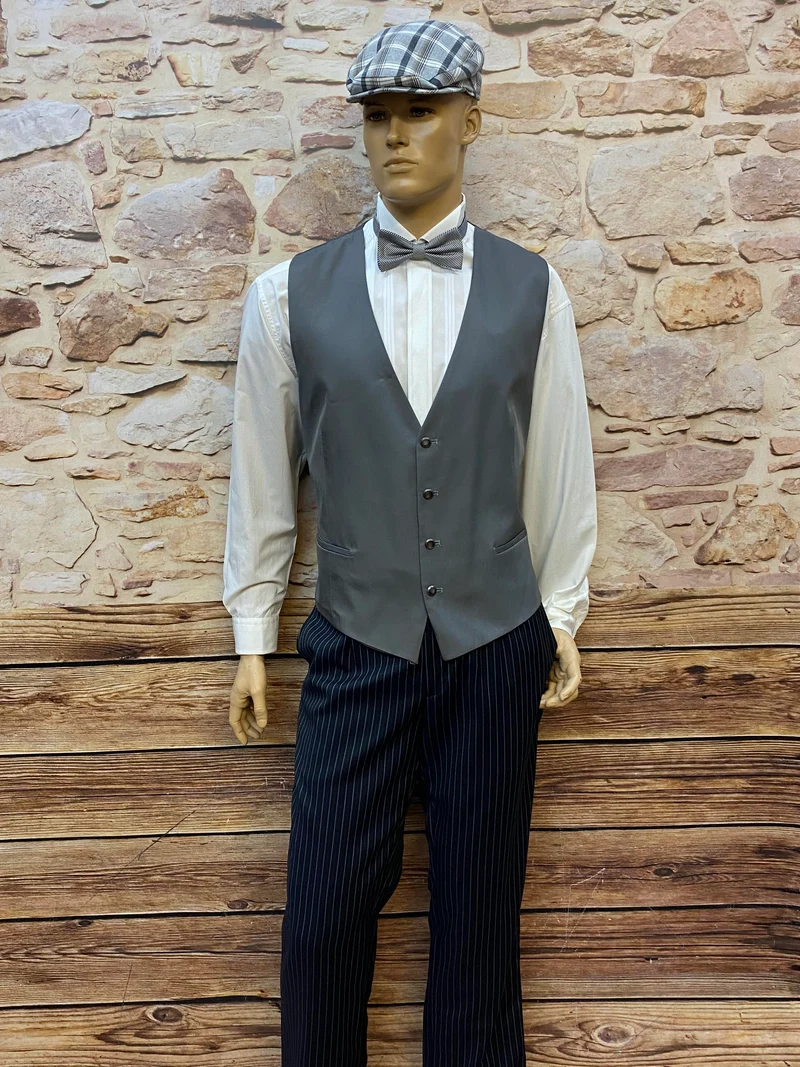 20er Jahre Herren Outfit Gr. 52 – Weste, Nadelstreifenhose & Schiebermütze