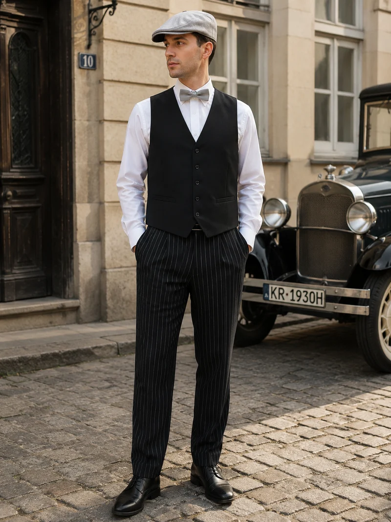 20er Jahre Herren Outfit Gr. 46 – Nadelstreifen & Weste