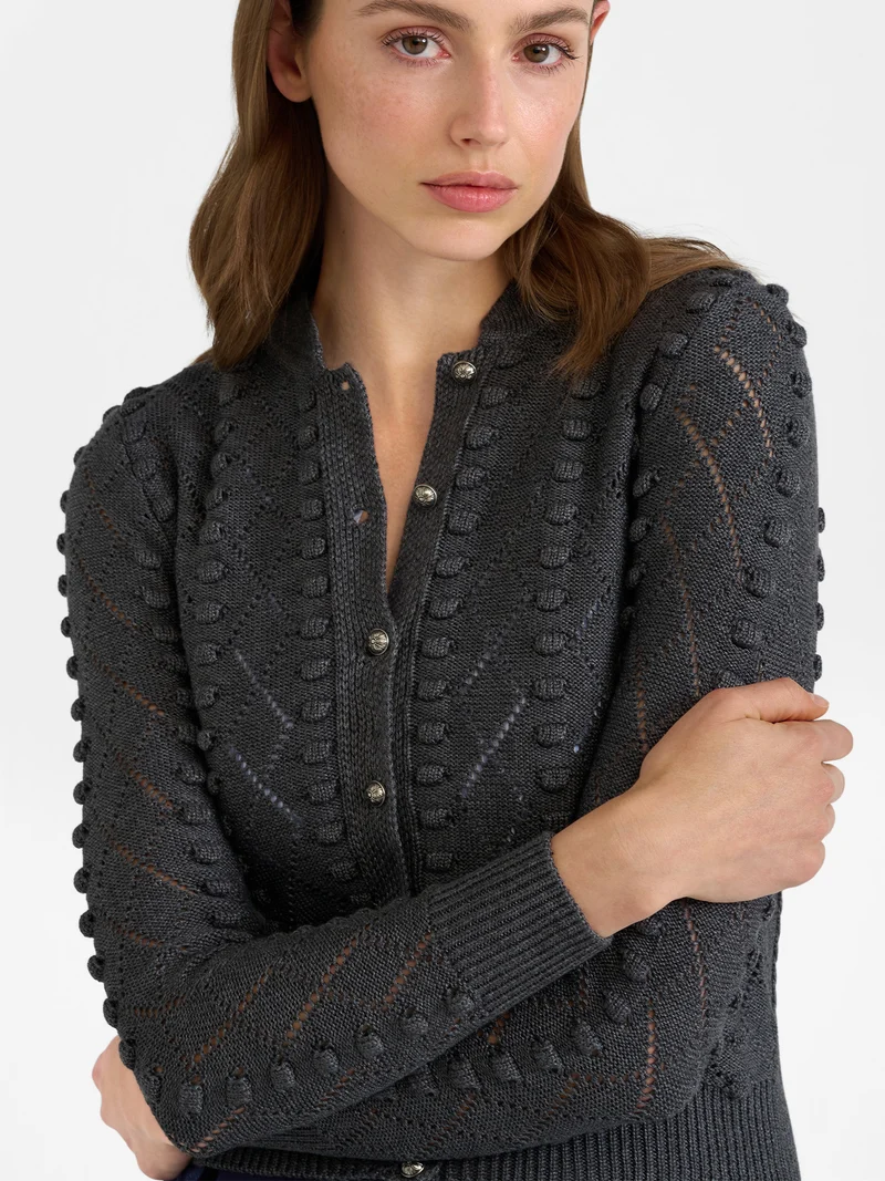 Strickjacke mit Stehkragen und Bommeln