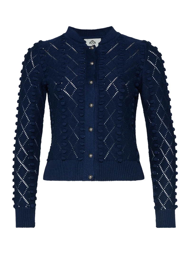 Strickjacke mit Stehkragen und Bommeln