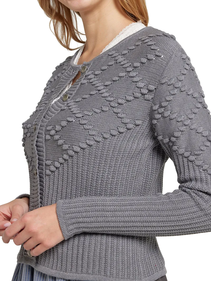 Taillierte Strickjacke mit Rautenmuster und Bommel