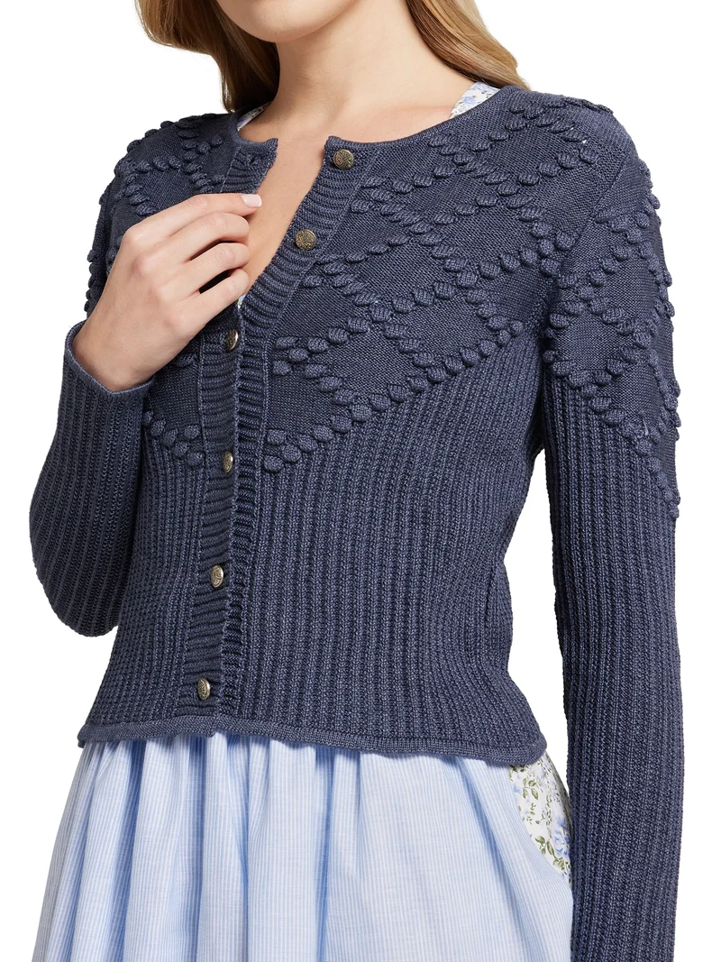 Taillierte Strickjacke mit Rautenmuster und Bommel
