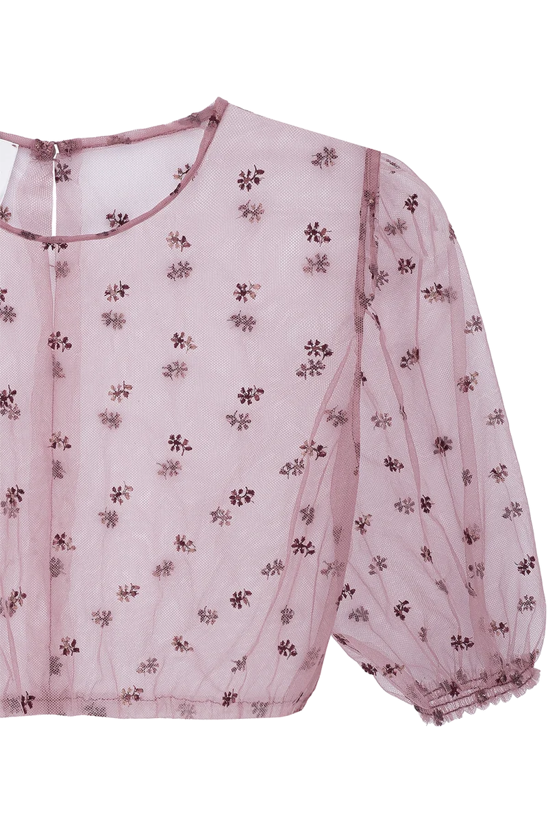 Dirndlbluse aus besticktem Tüll hochgeschlossen - aubergine