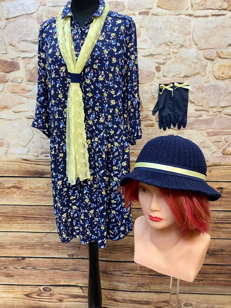20er Jahre Damen Outfit Gr. 42 | Dunkelblaues Kleid