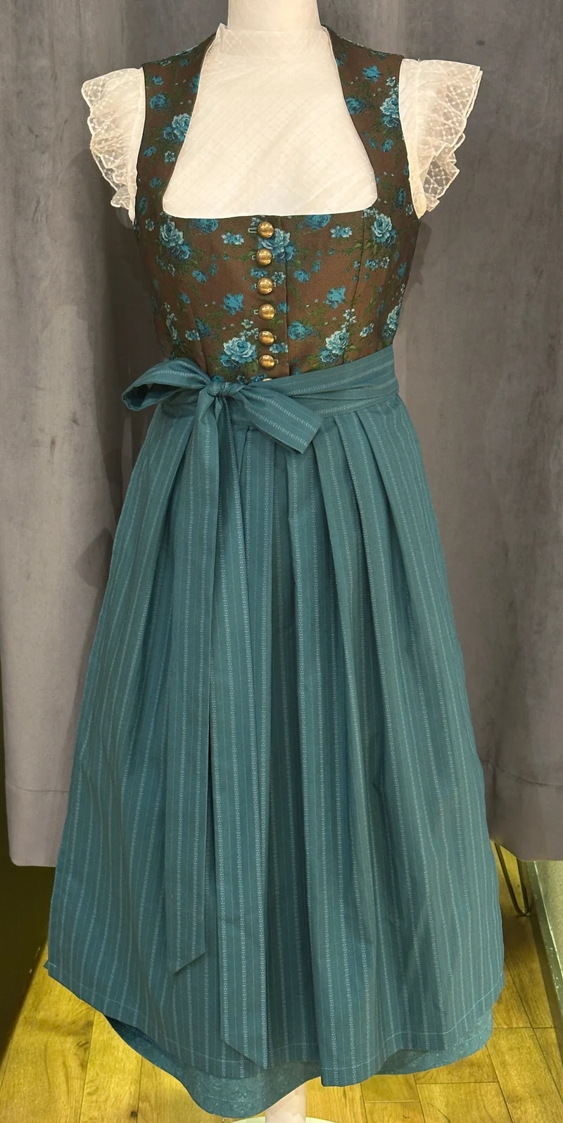 Dirndl Goldstich braun/türkis Blumen 75