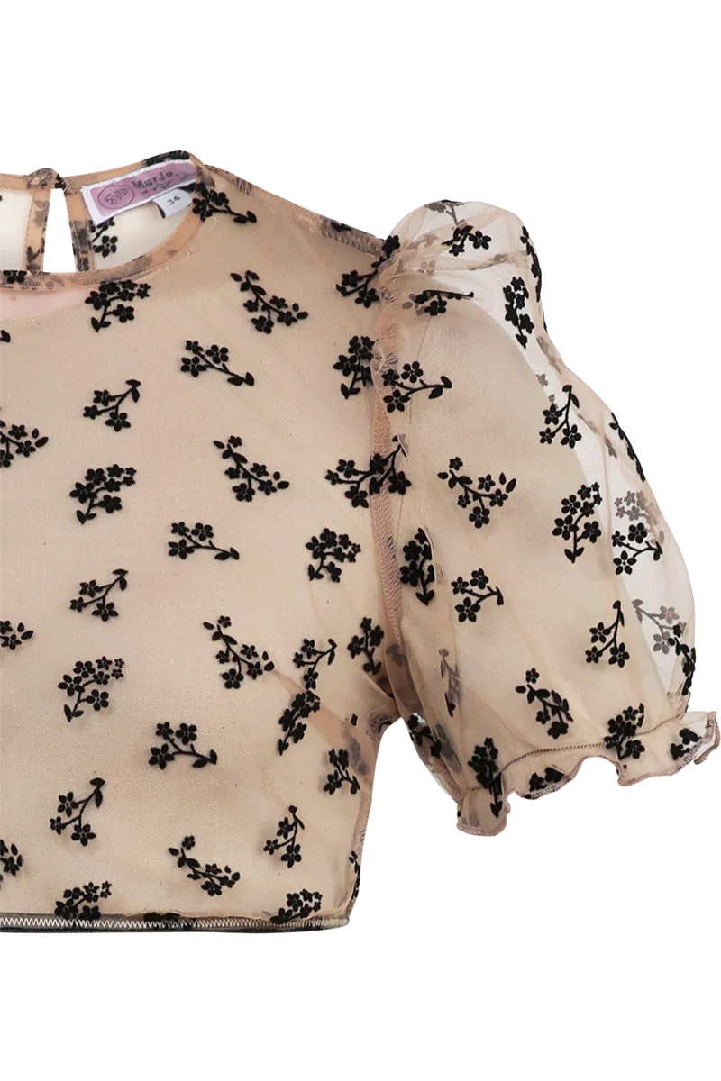 Transparente Dirndlbluse aus Tüll mit Samtblüten - nude schwarz