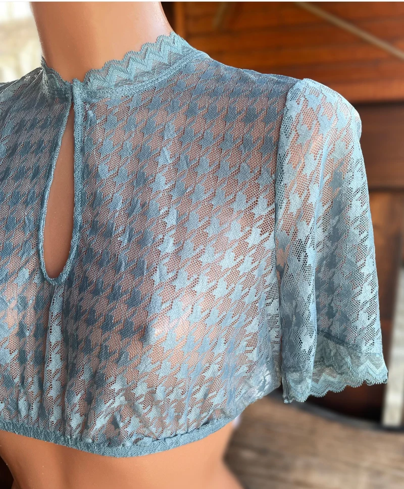 Dirndlbluse Krüger Collection, Hahnentritt, hochgeschlossen, halbarm, blau Bernarda