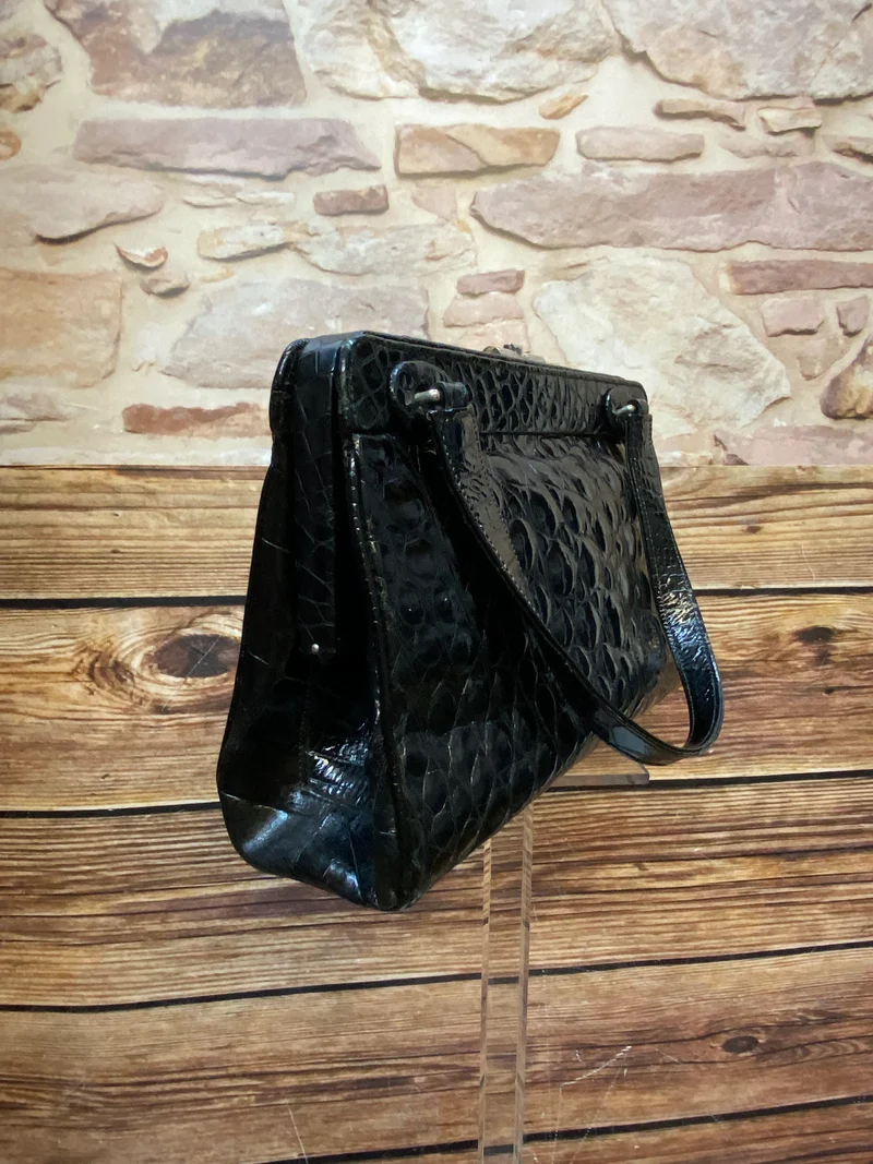 Vintage Handtasche Schwarz mit Kroko-/Reptilleder-Struktur