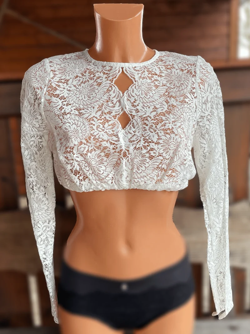 Dirndlbluse Krüger Collections, hochgeschlossen, langarm, Raffaella, ecru