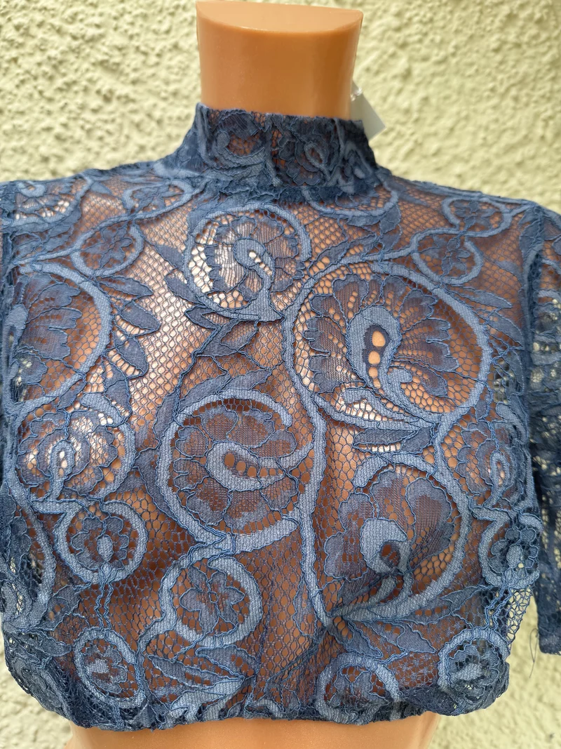 Dirndlbluse Krüger Madl, Annesca, blau, hochgeschlossen, Gr. 46