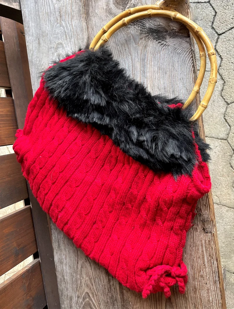 Tasche, Landhaus gestrickt, rot/Schwarz, Handtasche