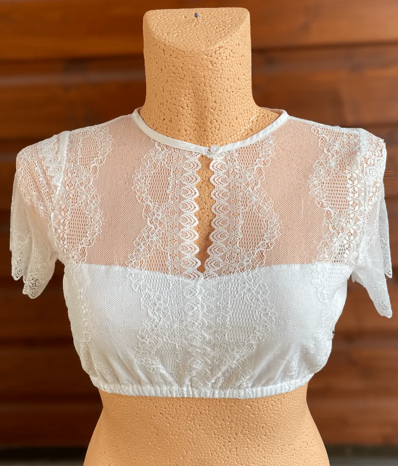 Dirndlbluse Fuchs, Spitze, Stretch, creme, hochgeschlossen