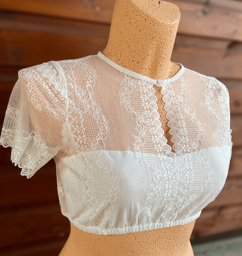 Dirndlbluse Fuchs, Spitze, Stretch, creme, hochgeschlossen