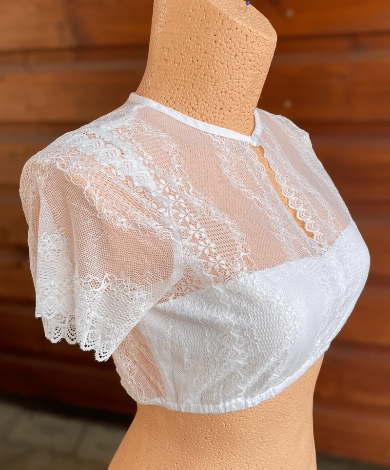 Dirndlbluse Fuchs, Spitze, Stretch, creme, hochgeschlossen