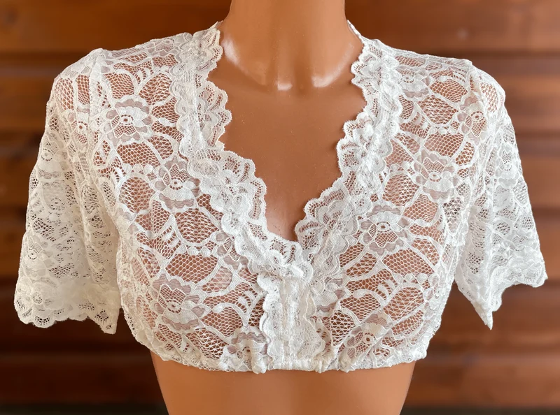 Dirndlbluse Fuchs, Spitze, Stretch, ecru, halbarm, V-Ausschnitt