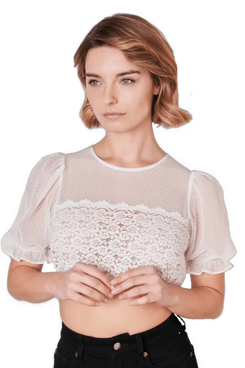 Dirndlbluse Krüger Madl, Keona, ecru, hochgeschlossen, Puffärmel