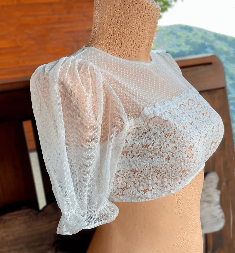 Dirndlbluse Krüger Madl, Keona, ecru, hochgeschlossen, Puffärmel
