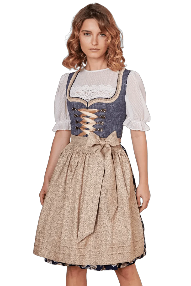 Dirndl Krüger Madl, Justine, 60 cm, Midi, blau, gold, Gr. 44