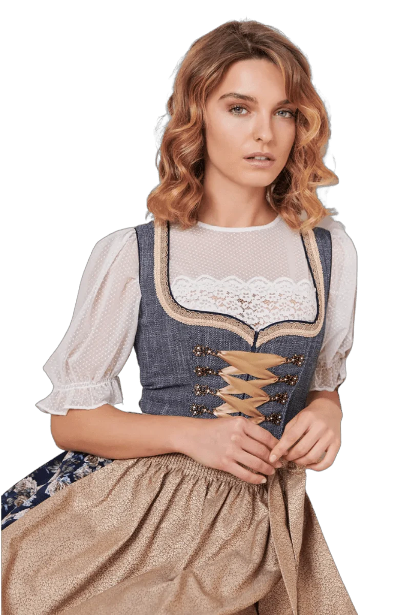 Dirndl Krüger Madl, Justine, 60 cm, Midi, blau, gold, Gr. 44