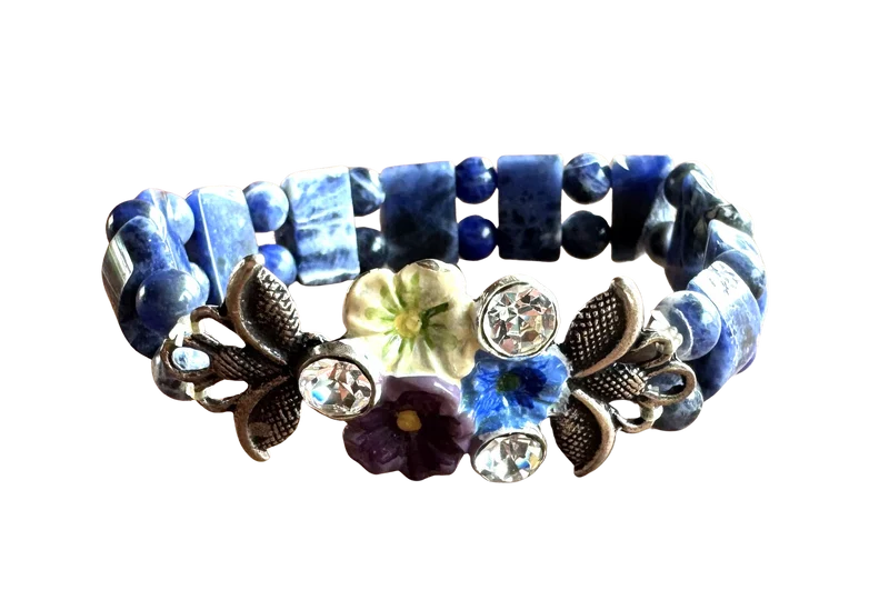 Trachten Armband, blau, Perlen, Steinchen, Blumen