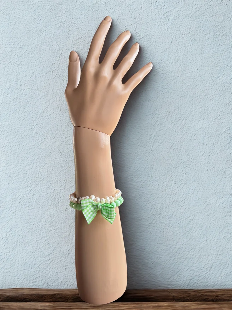 Trachten Armband, weiß, grün Perlen, kariert