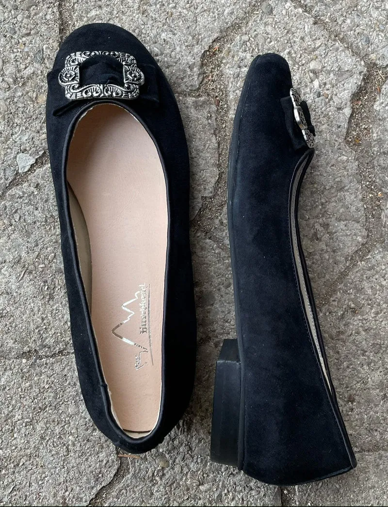 Ballerinas, Hirschkogel, Velour, schwarz, Spange, Trachtenschuhe