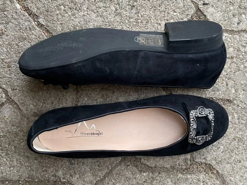 Ballerinas, Hirschkogel, Velour, schwarz, Spange, Trachtenschuhe