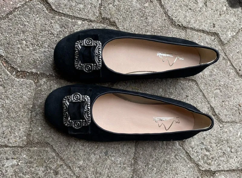 Ballerinas, Hirschkogel, Velour, schwarz, Spange, Trachtenschuhe