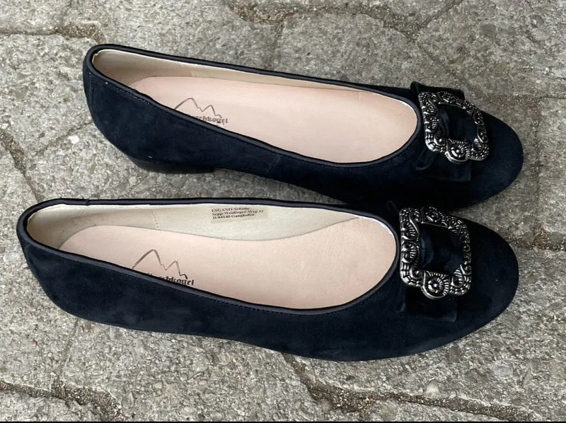 Ballerinas, Hirschkogel, Velour, schwarz, Spange, Trachtenschuhe