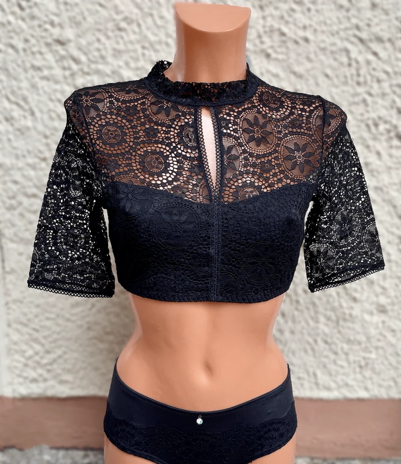 Dirndlbluse Nina von C., schwarz, halbarm, Maria, hochgeschlossen