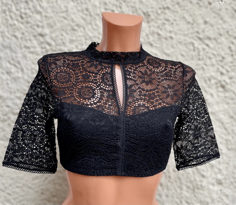Dirndlbluse Nina von C., schwarz, halbarm, Maria, hochgeschlossen