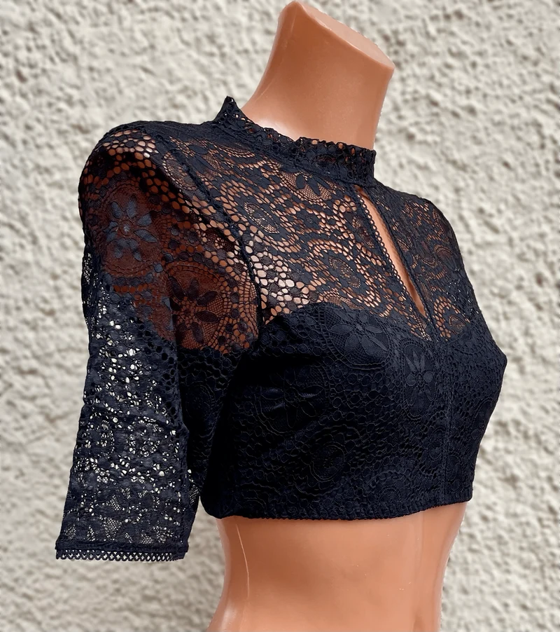 Dirndlbluse Nina von C., schwarz, halbarm, Maria, hochgeschlossen