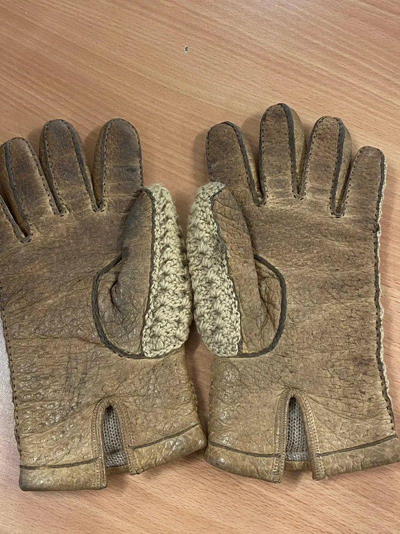 Vintage Lederhandschuhe mit Strickrücken Braun Beige