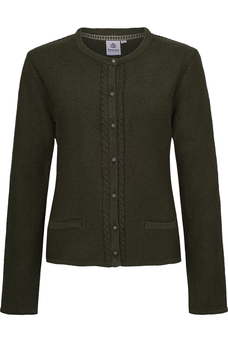Damen Strickjacke mit Wolle und Zopfmuster - oliv