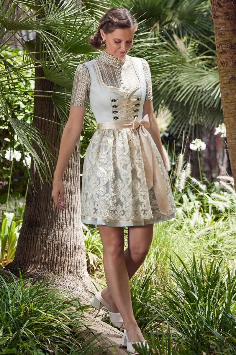 Dirndlbluse Krüger Collections, Kali, ecru blau, hochgeschlossen