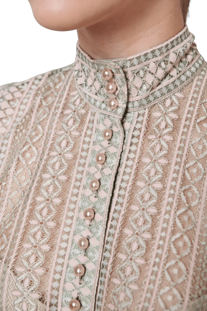 Dirndlbluse Krüger Collections, Kali, grün rosa, hochgeschlossen