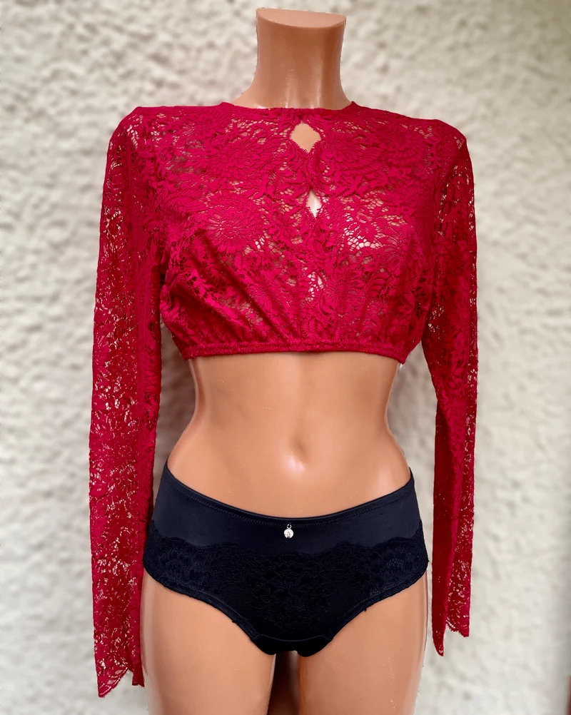 Dirndlbluse Krüger Collections, hochgeschlossen, langarm, Raffaella, rot, beere